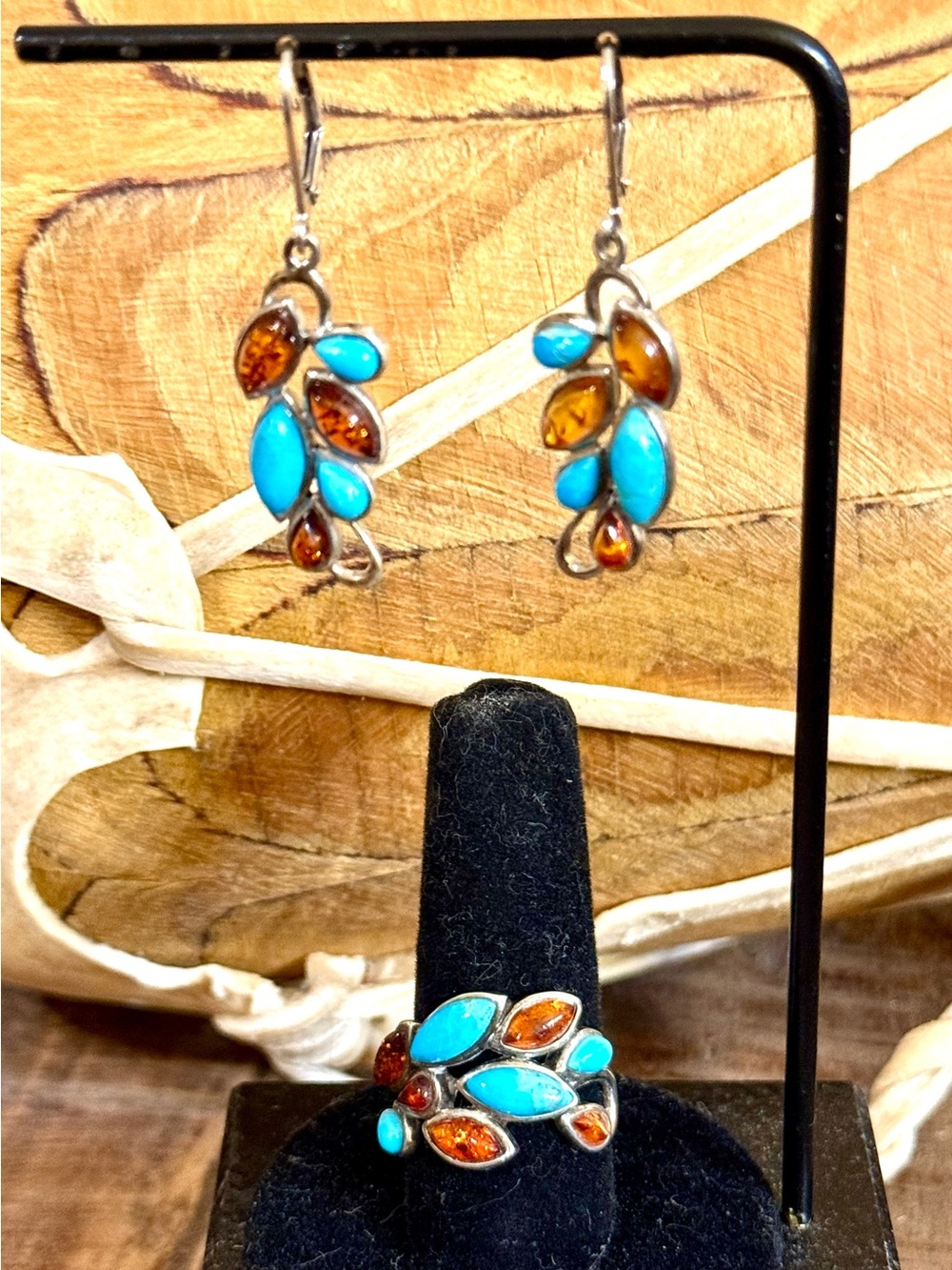 Turquoise and Amber Leaf Cluster Ring and Earrings Set